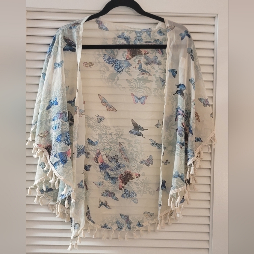 SHEIN - One Size Butterfly Print Tassel Trim Kimono